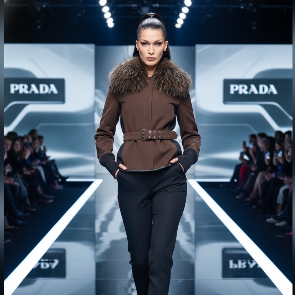 Prada 108197 Raccoon Fur Collared Jacket With Belt Brown Black Made In Italy